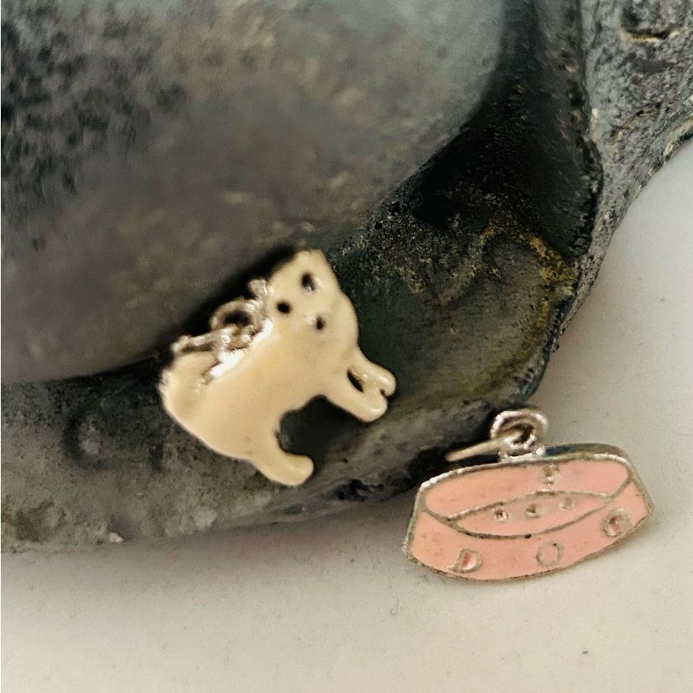 Vintage Puppy Dog & Dog Bowl Set of Two Pendant Charms with Silverplated Chain